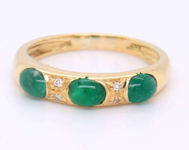 Handsome Yellow Gold oval Emerald Cab and Diamond Accent Ring