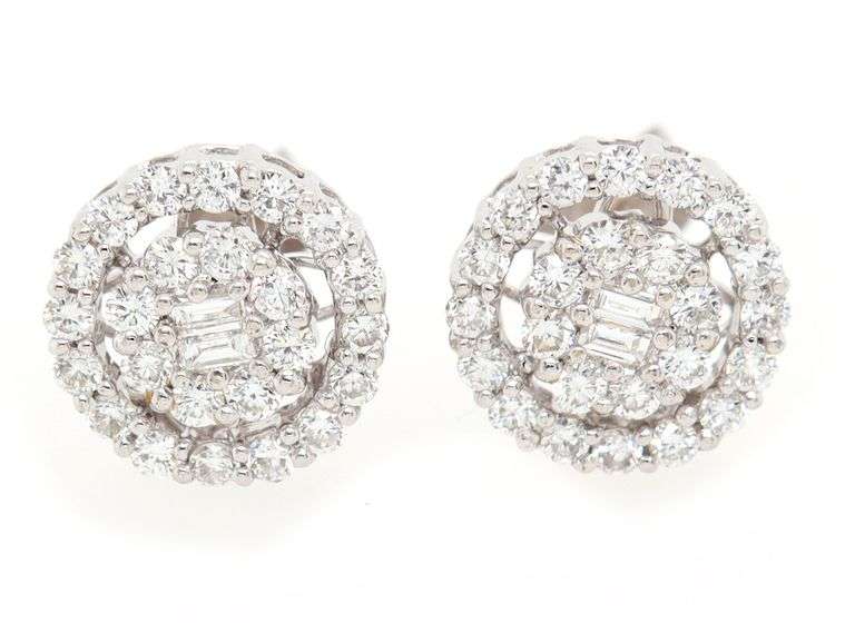 1.00ctw Baguette and Round Diamond Double Halo Stud Earrings in 14K