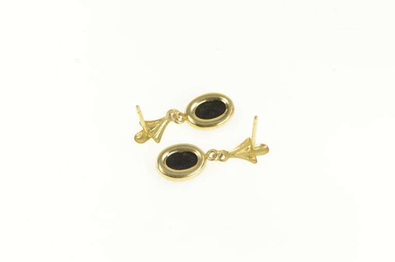 14K Yellow Gold Oval Black Onyx Retro Vintage Dangle Earrings