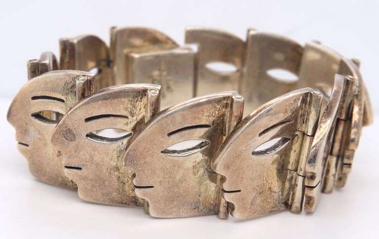 Vintage Sterling Silver Signed Face Link Bracelet