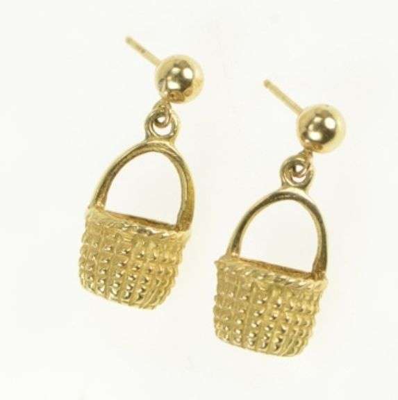 14K Yellow Gold 3D Longaberger Basket Picnic Vintage Dangle Earrings