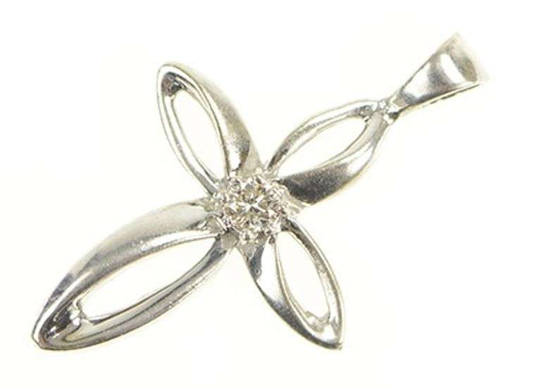 10K White Gold Diamond Inset Curvy Cross Christian Faith Pendant