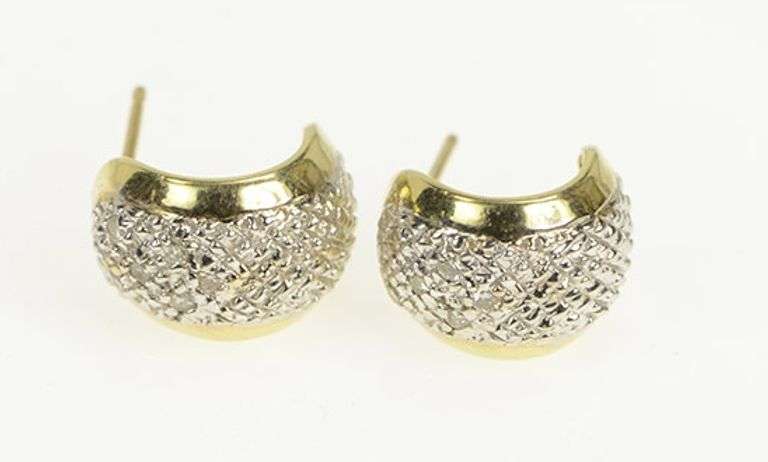 14K Yellow Gold Pave Diamond Huggies Semi Hoop Statement Earrings