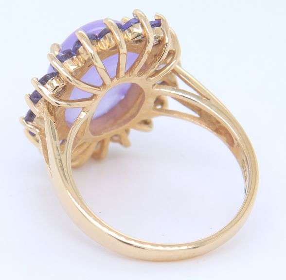 Fabulous Yellow Gold 6.75ct Lavender Jade and Tanzanite Halo Ring
