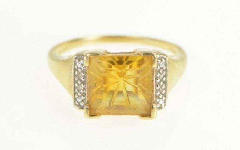 10K Yellow Gold Square Fantasy Cut Citrine Diamond Vintage Ring