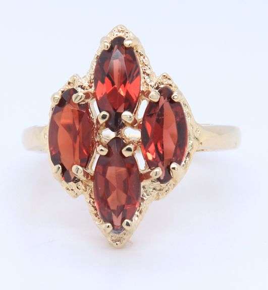 Fabulous Yellow Gold Four Marquoise Garnet Kite Shape Ring