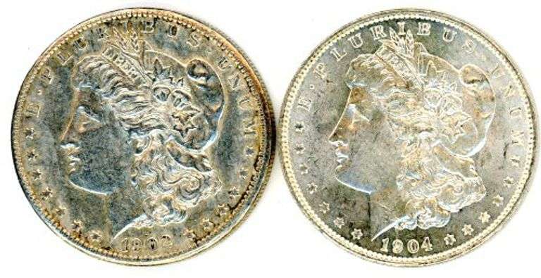 2 Different 'O'-Mint Morgan Silver Dollars: 1902-O & 1904-O