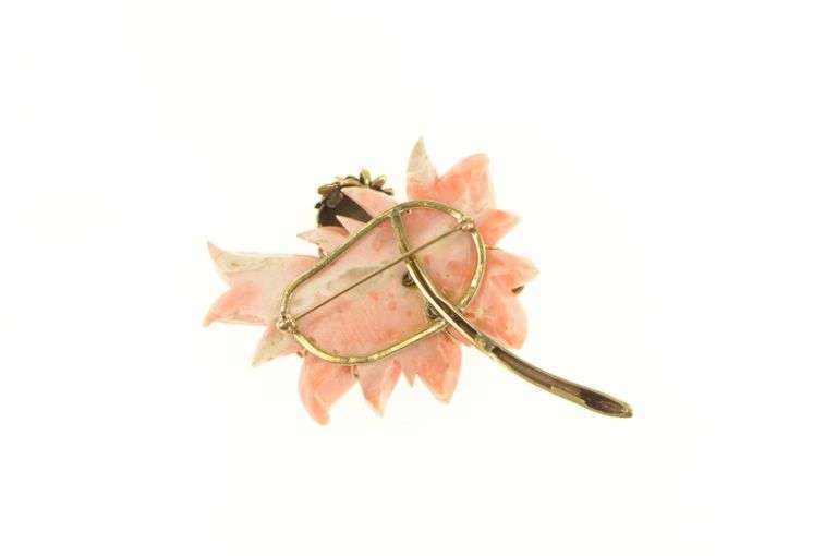 14K Yellow Gold Carved Coral Flower Baby Bird Diamond Pin/Brooch