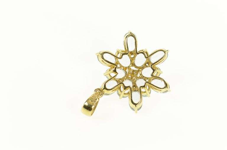 14K Yellow Gold Blue Topaz Floral Snow Flake Cluster Diamond Pendant