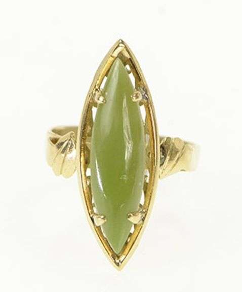 14K Yellow Gold 1960's Nephrite Navette Cabochon Vintage Ring