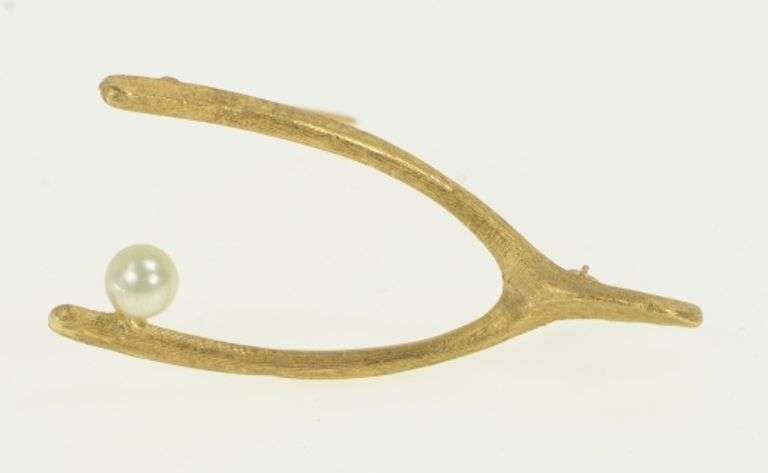 14K Yellow Gold Ornate Vintage Pearl Wish Bone Lucky Pin/Brooch