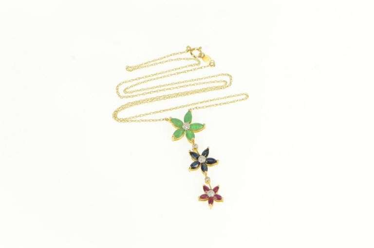 14K Yellow Gold Emerald Ruby Sapphire Diamond Flower Drop Necklace