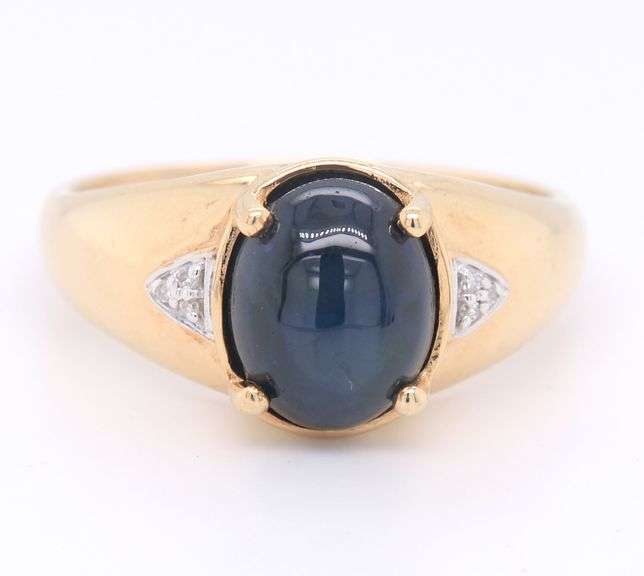 Handsome Yellow Gold Oval Synthetic Blue Star Sapphire and Diamond Accent Men's Ring