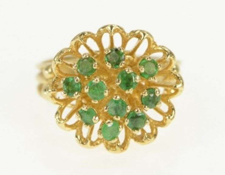 14K Yellow Gold 1960's Emerald Floral Domed Cluster Cocktail Ring