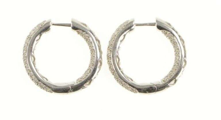 14K White Gold 1.12 Ctw Pave Diamond Inside Outside Hoop Earrings