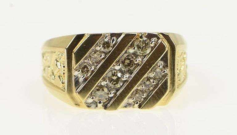 10K Yellow Gold Squared Men's Diamond Textured Nugget Ring