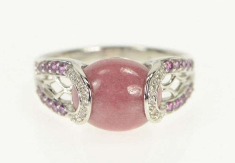 14K White Gold Rhodochrosite Diamond Sapphire Statement Ring