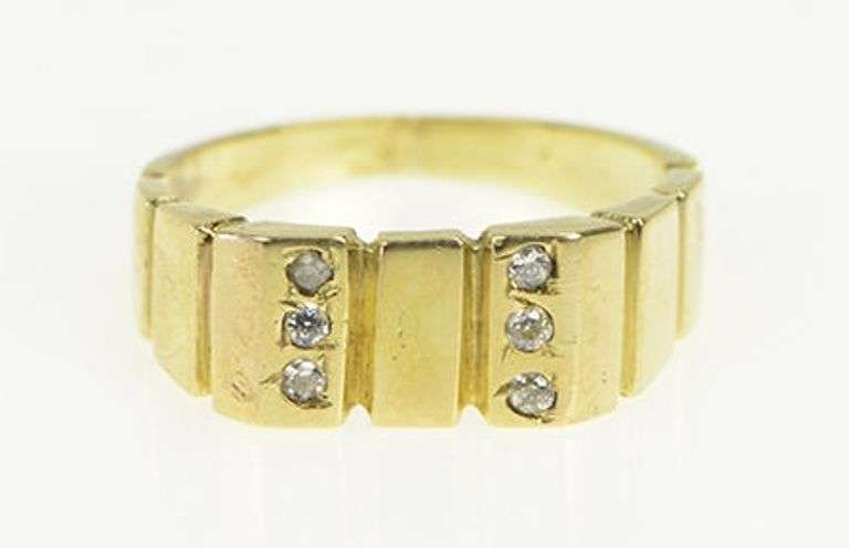 14K Yellow Gold Squared Grooved Diamond Retro Vintage Ring