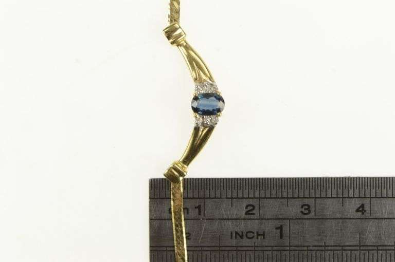 14K Yellow Gold Oval Sapphire Diamond Accent Curve Bar Necklace