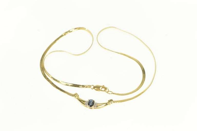 14K Yellow Gold Oval Sapphire Diamond Accent Curve Bar Necklace