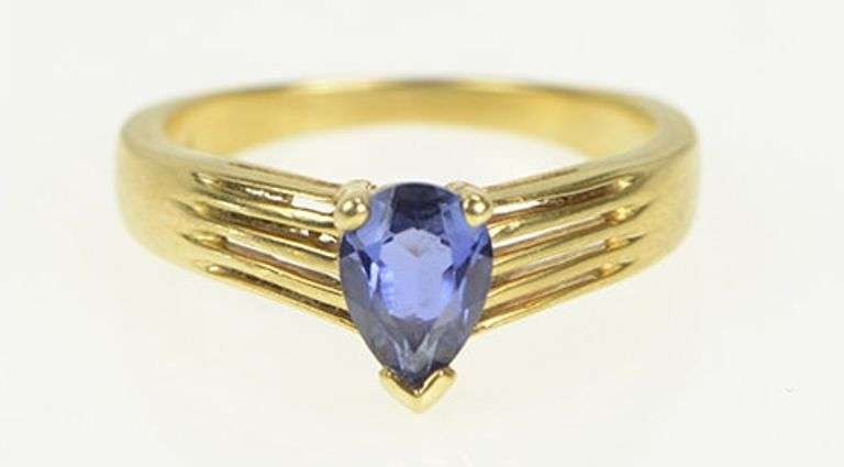 14K Yellow Gold Pear Tanzanite Chevron Vintage Statement Ring