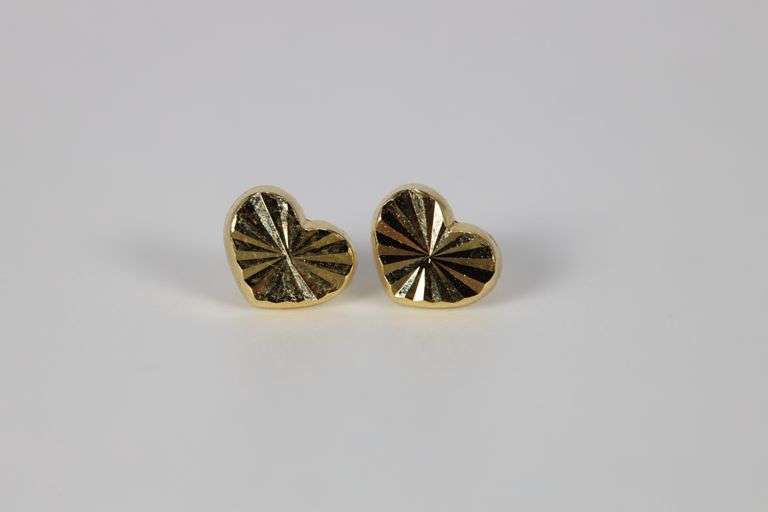 10k Yellow Gold Diamond-Cut Shiny Heart Stud Earrings