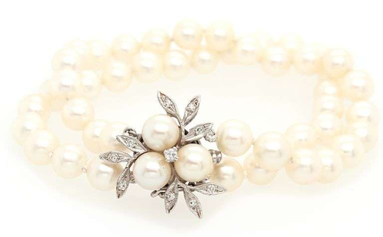 Cultured Pearl and 0.10ctw Diamond Clasp Double Strand Bracelet in 14K