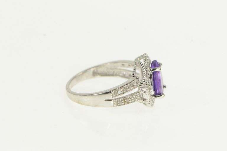 10K White Gold Pear Amethyst Diamond Halo Statement Ring