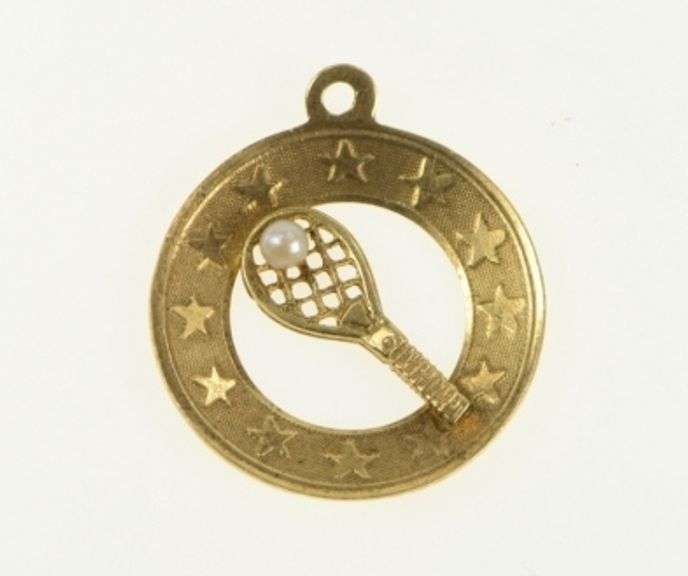 14K Yellow Gold Tennis Racket Pearl Accent 1960's Sports Charm/Pendant