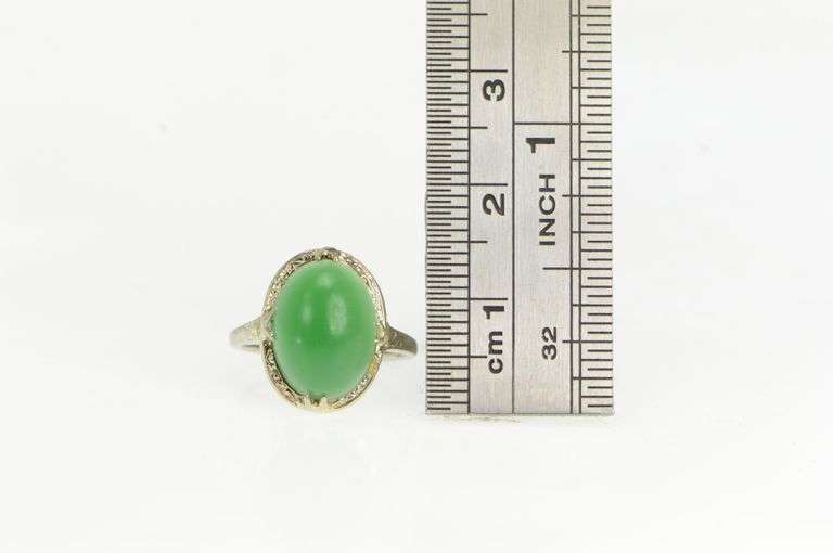 10K White Gold Art Deco Vintage Nephrite Cabochon Statement Ring
