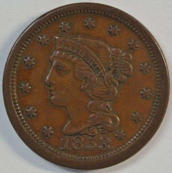 Glossy-brown XF/AU 1853 Braided Hair Large Cent