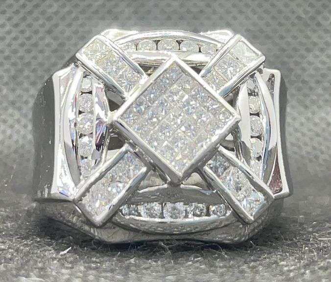 MENS 14K WHITE GOLD PRINCESS CUT AND ROUND DIAMOND CROSS PINKY RING (1.50 C.T. T.W.)