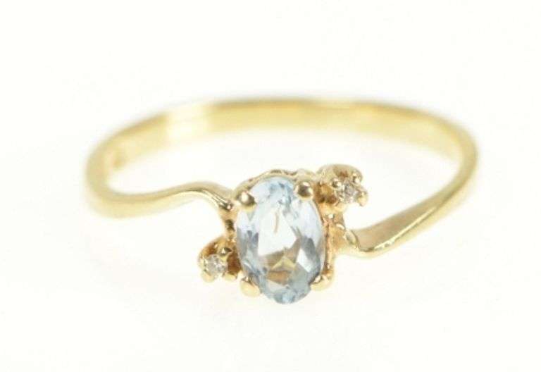 10K Yellow Gold Oval Blue Topaz Diamond Accent Bypass Ring