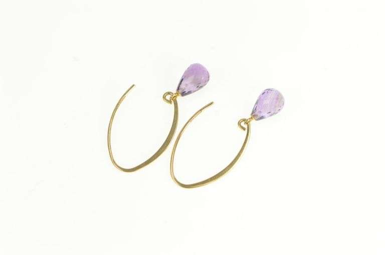14K Yellow Gold Amethyst Faceted Drop Dangle Hook Vintage Earrings