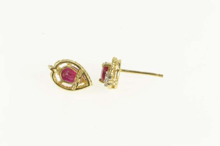 14K Yellow Gold Pear Natural Ruby Diamond Cluster Stud Earrings