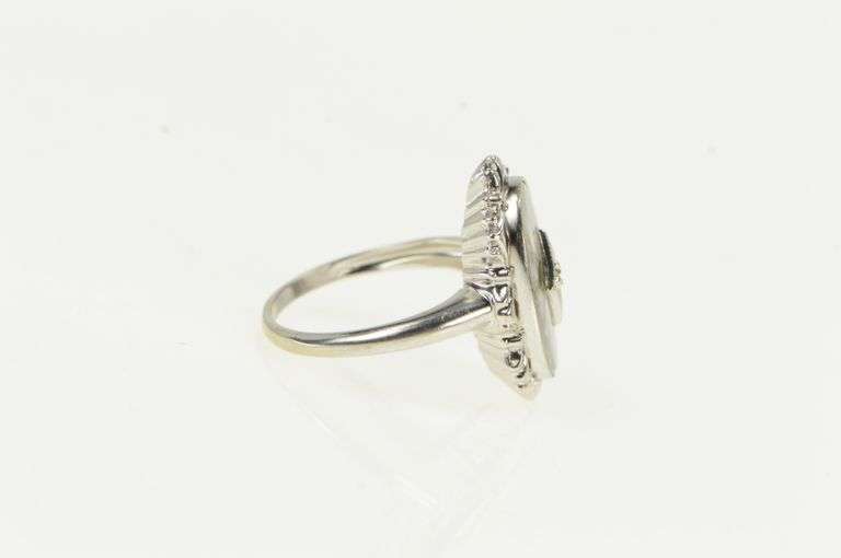 10K White Gold Oval Camphor Glass Diamond Filigree Ornate Ring