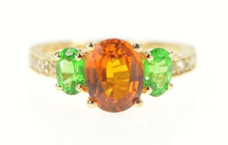 14K Yellow Gold Syn. Orange Sapphire & Green Spinel Diamond Ring