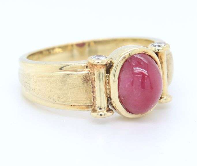 Delightful Yellow Gold Ruby Cab and Diamond Ring