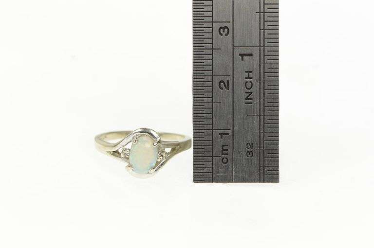 14K White Gold Retro Opal Diamond Accent Vintage Bypass Ring