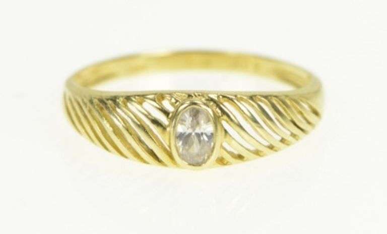 14K Yellow Gold Grooved Oval Solitaire Travel Engagement CZ Ring