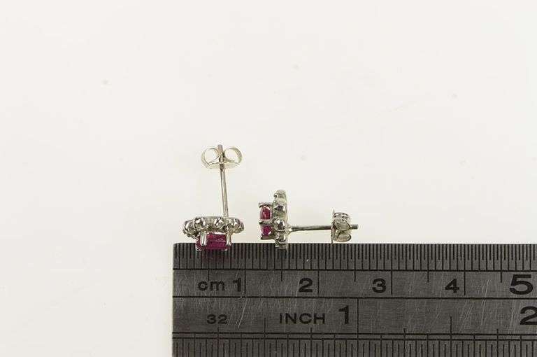 14K White Gold Oval Natural Ruby Diamond Halo Vintage Stud Earrings