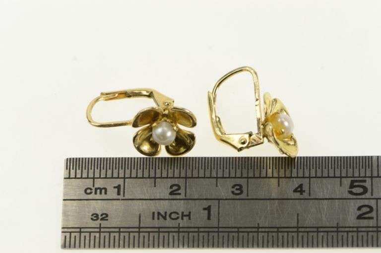 14K Yellow Gold Pearl Flower Blossom Dangle Lever Back Earrings