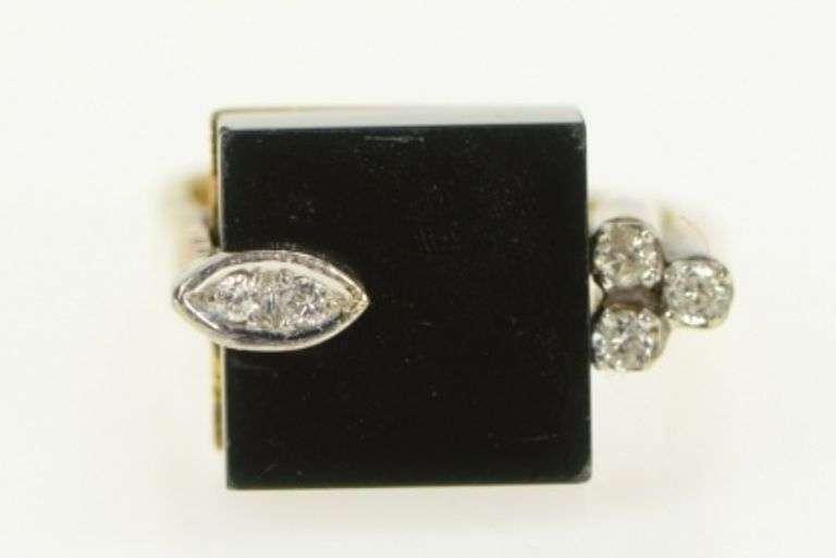 14K Yellow Gold Black Onyx Cube Diamond 1960's Geometric Ring