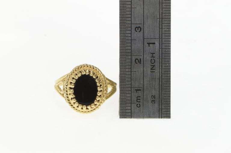 14K Yellow Gold Oval Black Onyx Ornate Filigree Mourning Ring