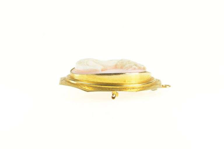 10K Yellow Gold Victorian Ornate Carved Shell Cameo Lady Pendant/Pin