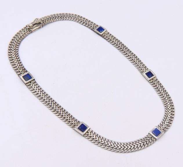 Set of Vintage 925 Sterling Silver Lapis Link Necklace and Matching Bracelet and Earrings