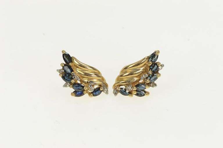 10K Yellow Gold Marquise Sapphire Wings Diamond Stud Earrings