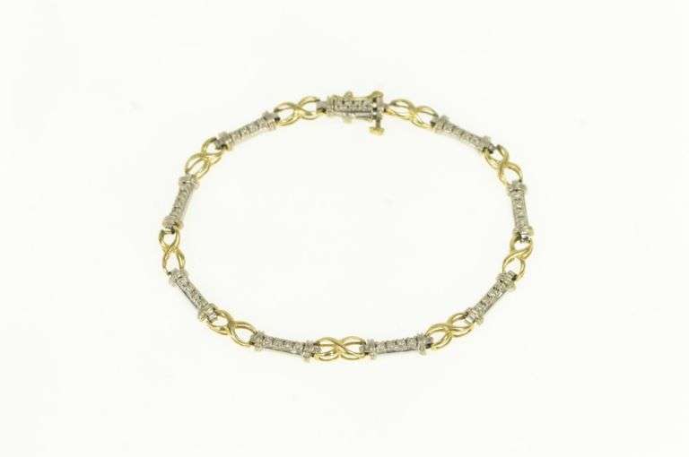 14K Yellow Gold Two Tone Diamond Bar Link X Criss Cross Bracelet