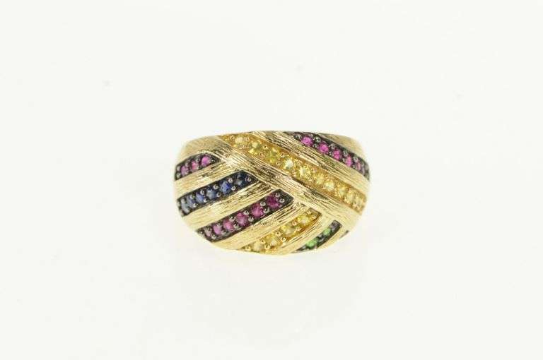 14K Yellow Gold Domed Yellow Pink Blue Sapphire Statement Ring
