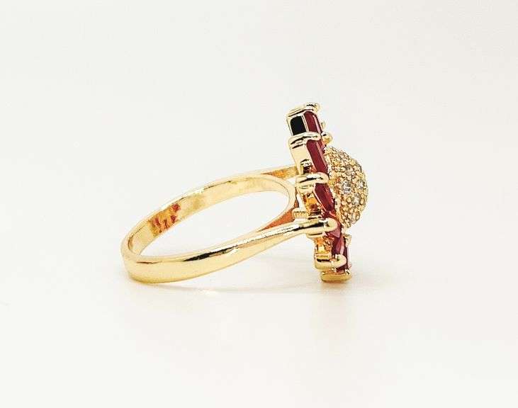 22KT YELLOW GOLD PLATED, GARNET, & DIAMOND COCKTAIL RING